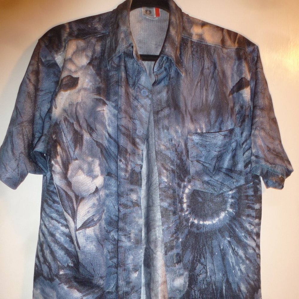 Vintage  Breathable Button Down Mesh  Shirt Men's  Short Sleeve -Medium